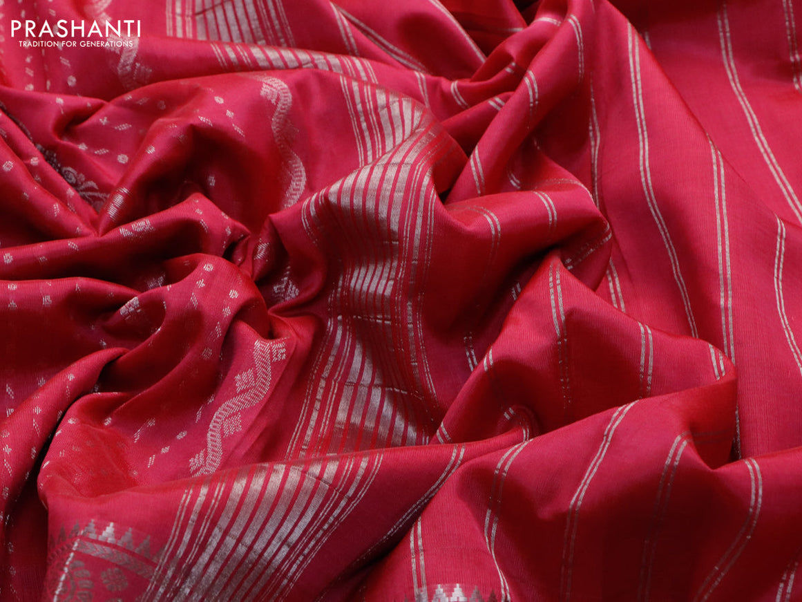 Mangalgiri silk cotton saree dark pink with allover silver zari weaves and long silver zari woven border