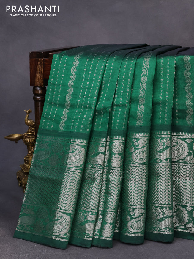 Mangalgiri silk cotton saree green with allover silver zari weaves and long silver zari woven border