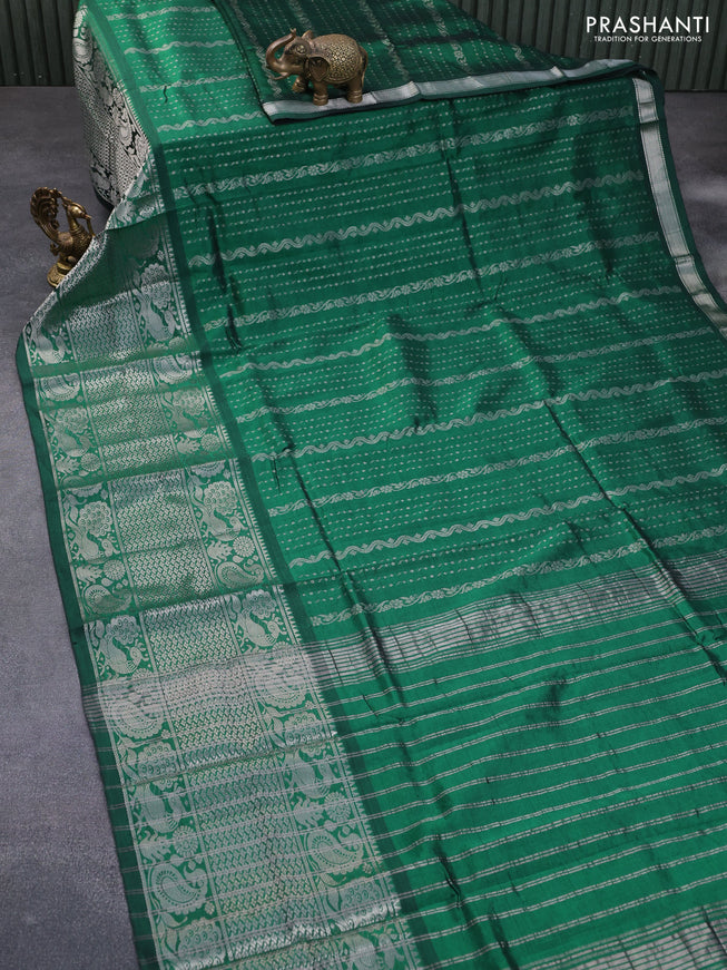 Mangalgiri silk cotton saree green with allover silver zari weaves and long silver zari woven border