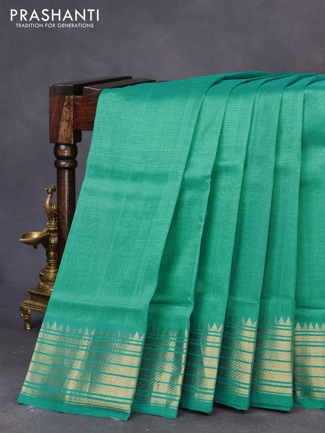 Mangalgiri silk cotton saree teal blue and pink with plain body and zari woven border