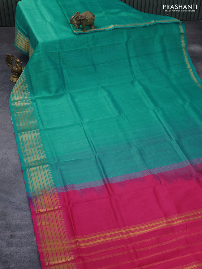 Mangalgiri silk cotton saree teal blue and pink with plain body and zari woven border