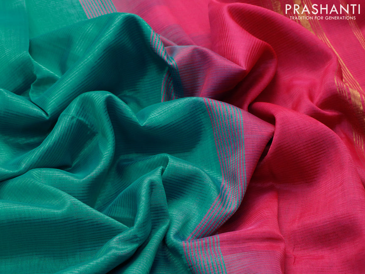 Mangalgiri silk cotton saree teal blue and pink with plain body and zari woven border