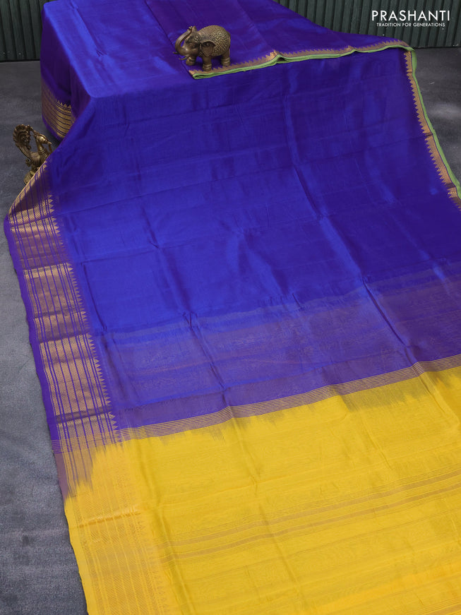 Mangalgiri silk cotton saree blue and yellow with plain body and zari woven border