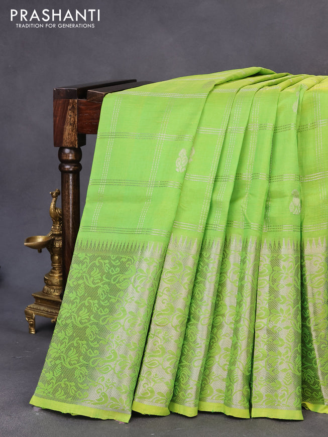 Mangalgiri silk cotton saree light green with allover silver zari checks & buttas and silver zari woven border