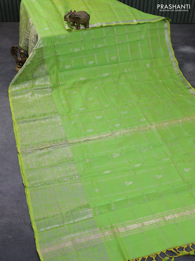 Mangalgiri silk cotton saree light green with allover silver zari checks & buttas and silver zari woven border