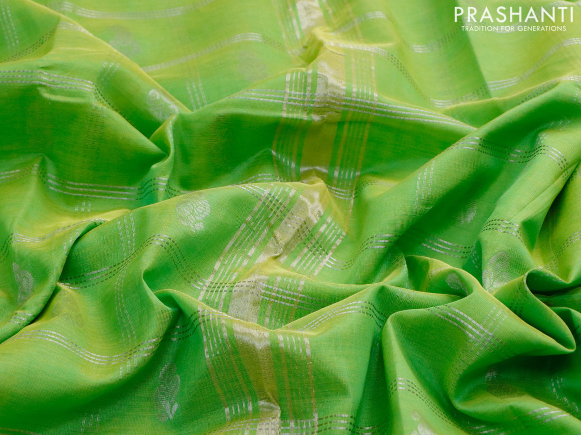 Mangalgiri silk cotton saree light green with allover silver zari checks & buttas and silver zari woven border