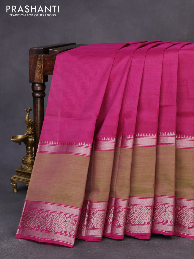 Mangalgiri silk cotton saree dark magenta and dual shade of green with plain body and long rettapet silver zari woven border