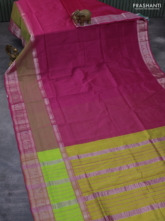 Mangalgiri silk cotton saree dark magenta and dual shade of green with plain body and long rettapet silver zari woven border