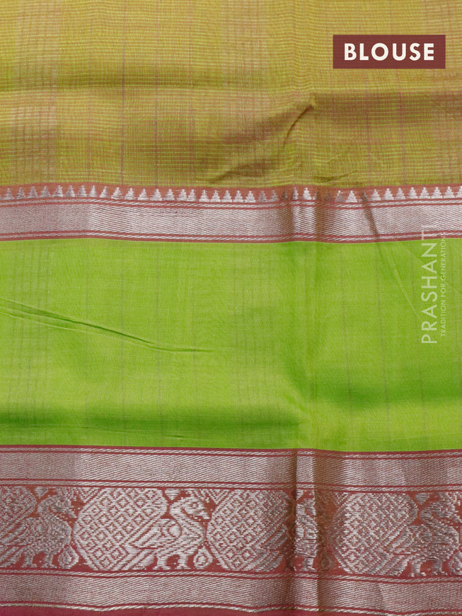 Mangalgiri silk cotton saree dark magenta and dual shade of green with plain body and long rettapet silver zari woven border