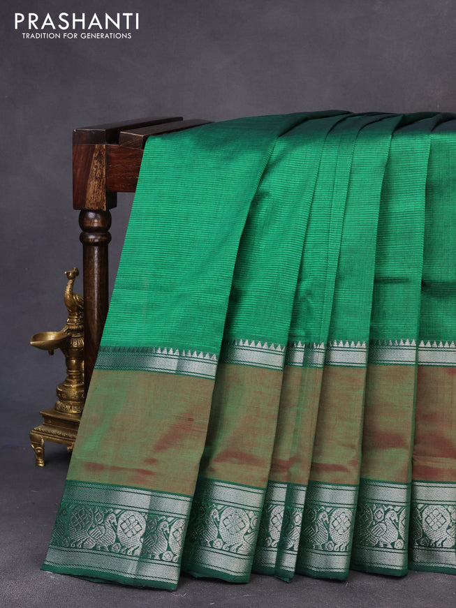 Mangalgiri silk cotton saree green and maroon with plain body and long rettapet silver zari woven border