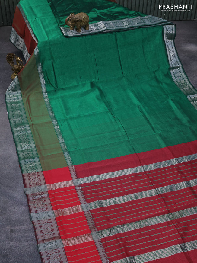 Mangalgiri silk cotton saree green and maroon with plain body and long rettapet silver zari woven border