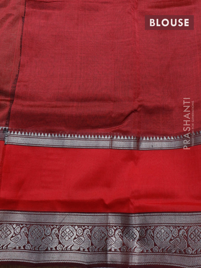 Mangalgiri silk cotton saree green and maroon with plain body and long rettapet silver zari woven border