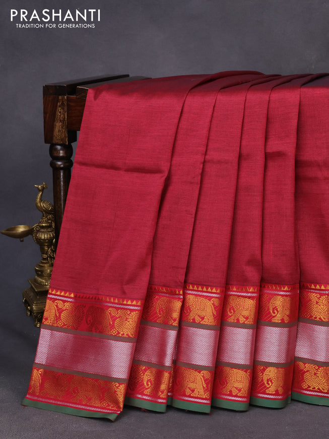 Mangalgiri silk cotton saree maroon and teal green with plain body and zari woven border