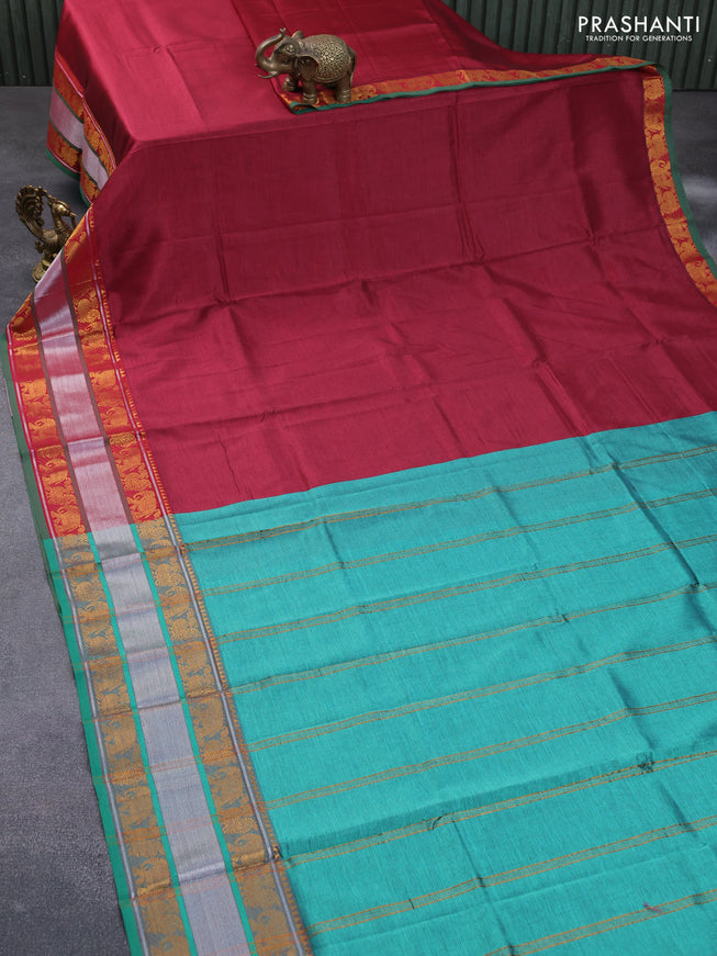 Mangalgiri silk cotton saree maroon and teal green with plain body and zari woven border