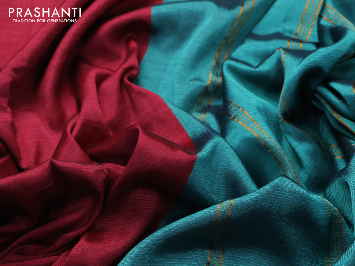 Mangalgiri silk cotton saree maroon and teal green with plain body and zari woven border