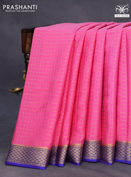 Pure mysore silk saree pink and royal blue with allover small zari woven checked pattern and zari woven border