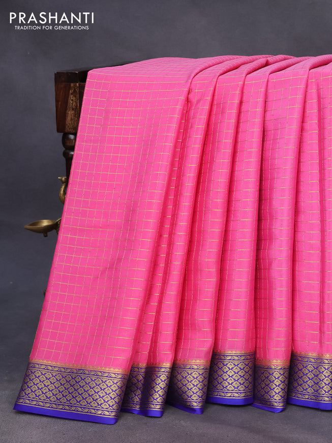 Pure mysore silk saree pink and royal blue with allover small zari woven checked pattern and zari woven border