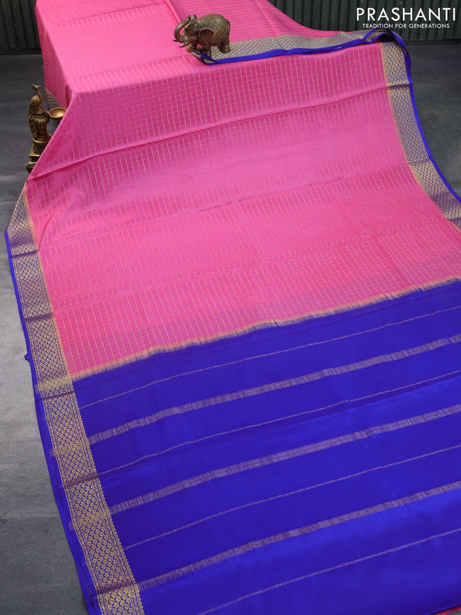 Pure mysore silk saree pink and royal blue with allover small zari woven checked pattern and zari woven border