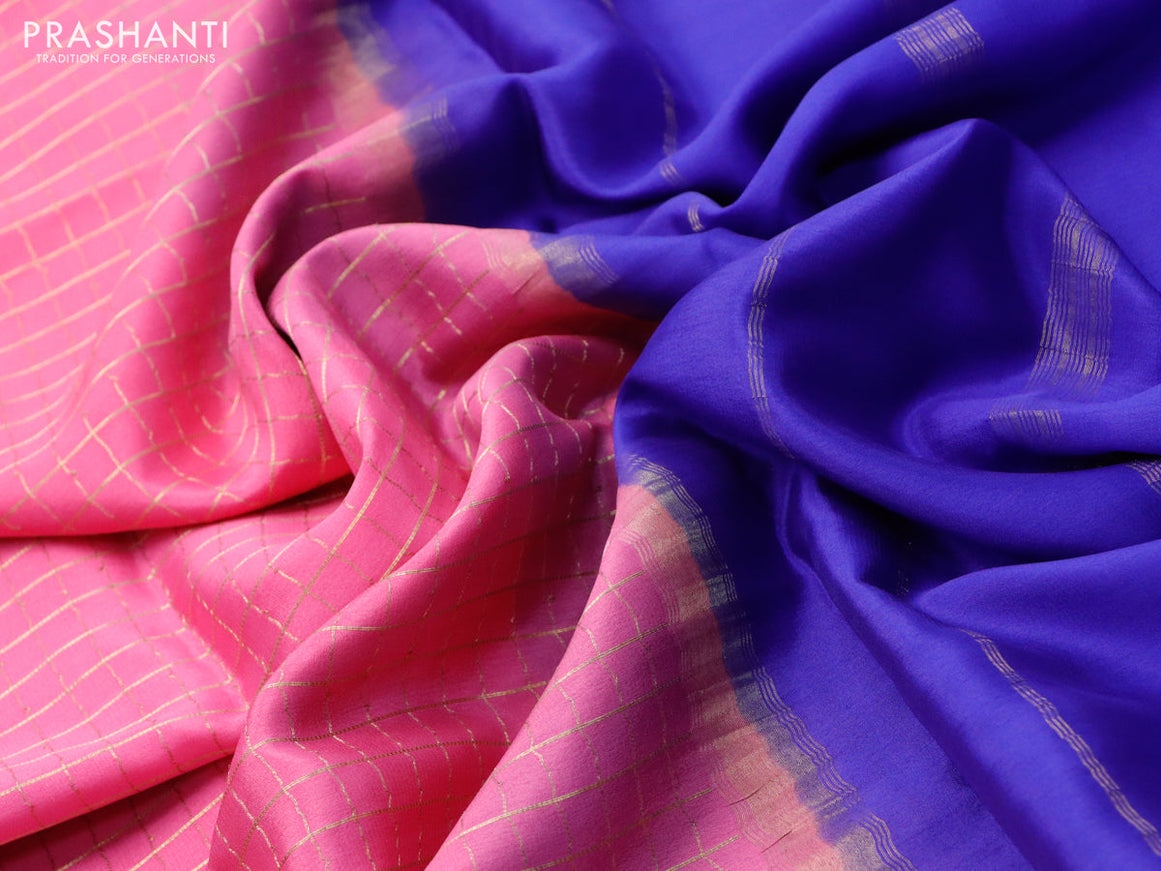 Pure mysore silk saree pink and royal blue with allover small zari woven checked pattern and zari woven border