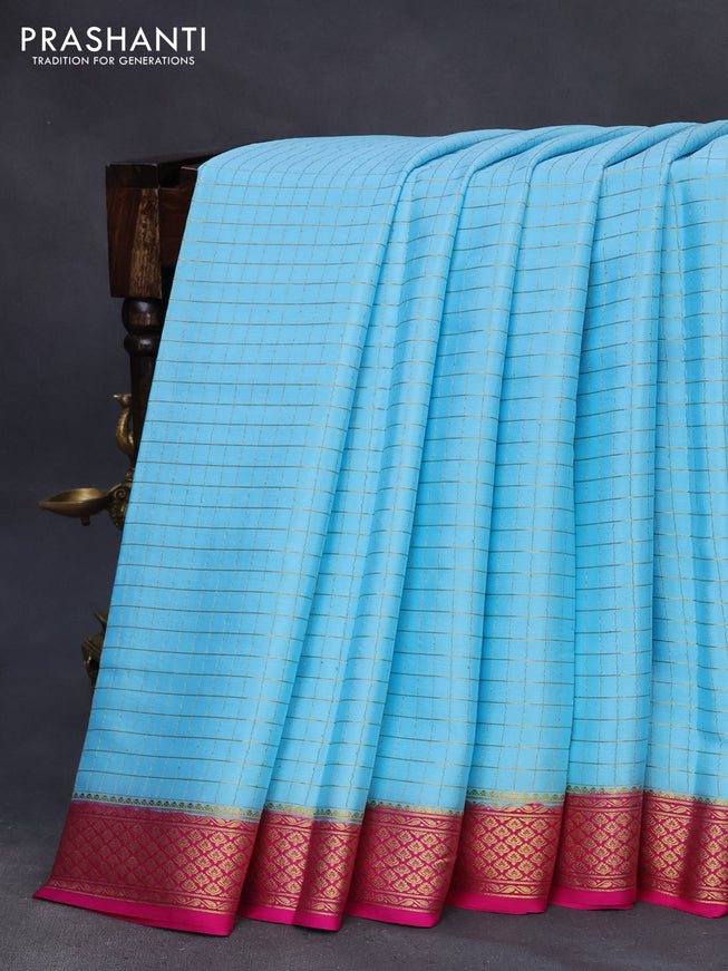 Pure mysore silk saree light blue and pink with allover small zari woven checked pattern and zari woven border