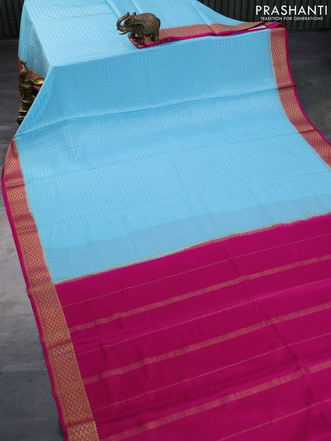 Pure mysore silk saree light blue and pink with allover small zari woven checked pattern and zari woven border