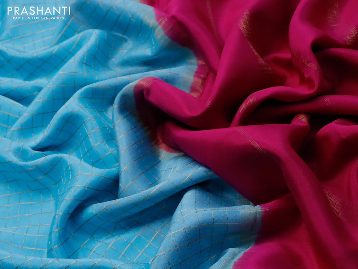 Pure mysore silk saree light blue and pink with allover small zari woven checked pattern and zari woven border