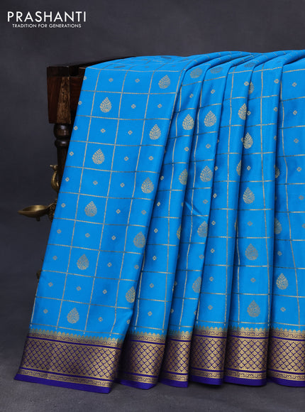 Pure mysore silk saree blue and dark blue with allover zari checks & buttas and zari woven border