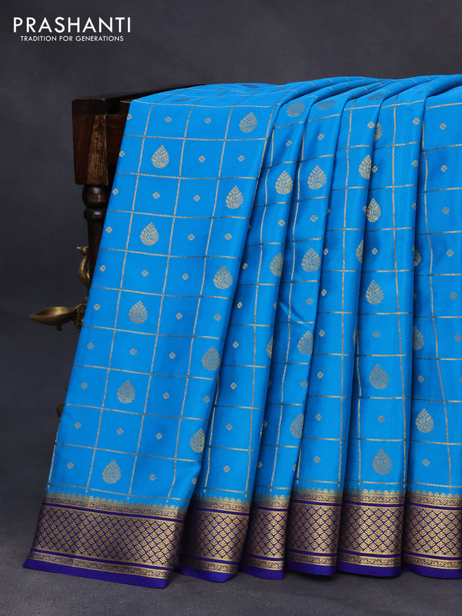 Pure mysore silk saree blue and dark blue with allover zari checks & buttas and zari woven border