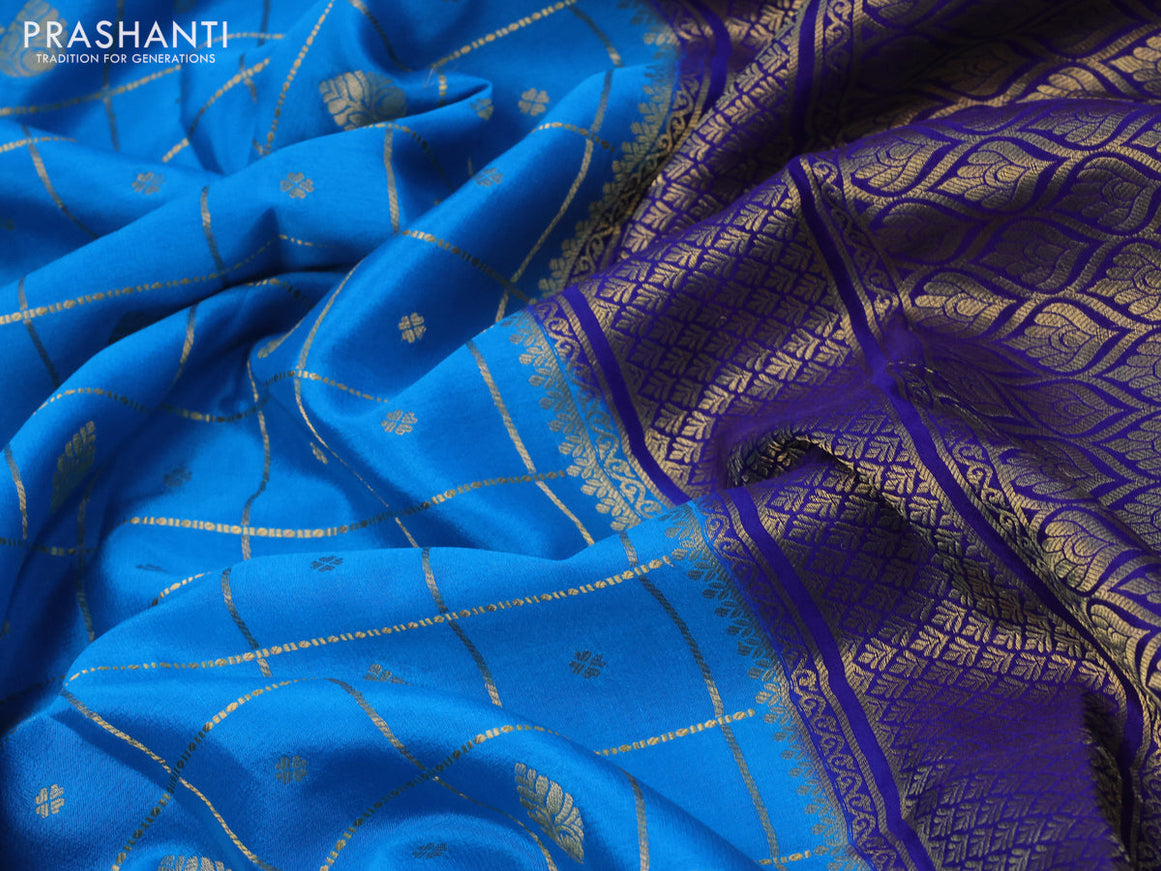 Pure mysore silk saree blue and dark blue with allover zari checks & buttas and zari woven border