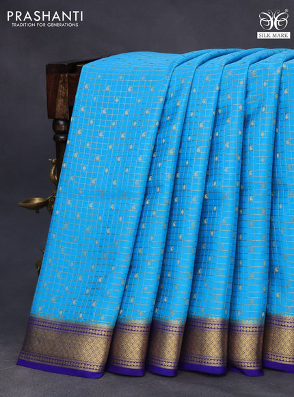 Pure mysore silk saree light blue and blue with allover small zari checks & buttas and zari woven border