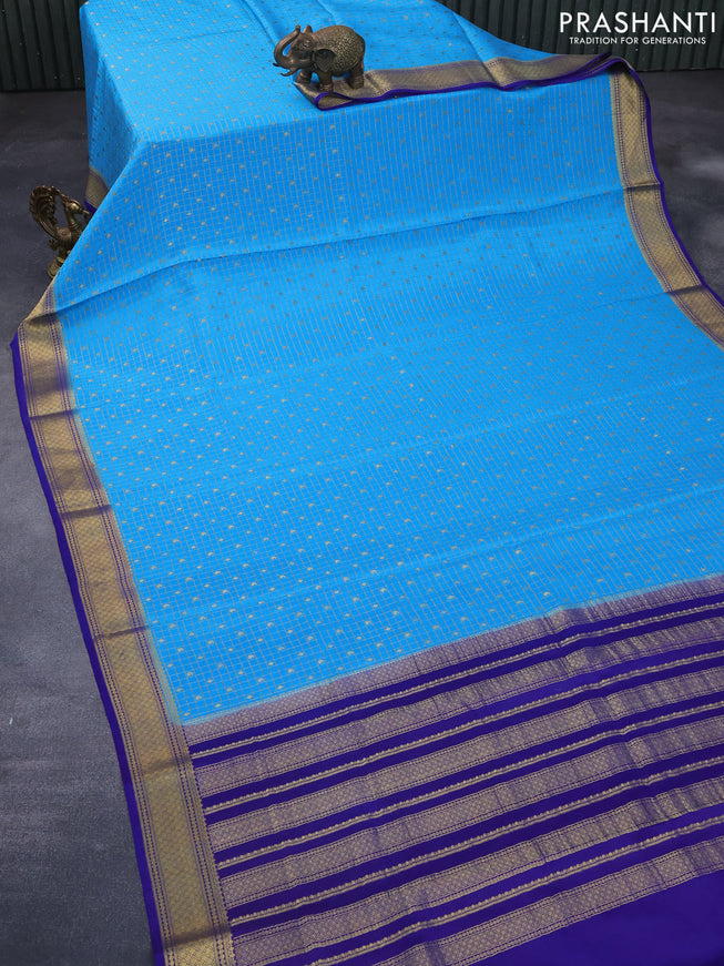 Pure mysore silk saree light blue and blue with allover small zari checks & buttas and zari woven border