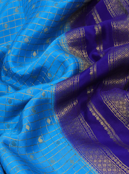 Pure mysore silk saree light blue and blue with allover small zari checks & buttas and zari woven border