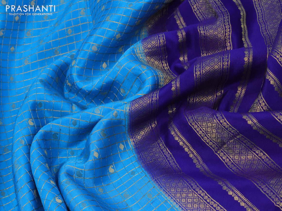 Pure mysore silk saree light blue and blue with allover small zari checks & buttas and zari woven border