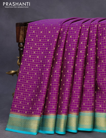 Pure mysore silk saree purple and teal green with allover small zari checks & buttas and zari woven border