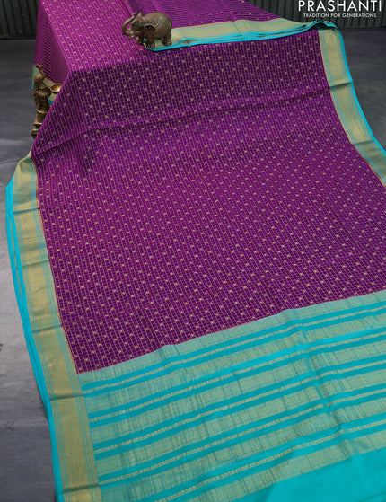 Pure mysore silk saree purple and teal green with allover small zari checks & buttas and zari woven border