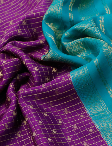 Pure mysore silk saree purple and teal green with allover small zari checks & buttas and zari woven border