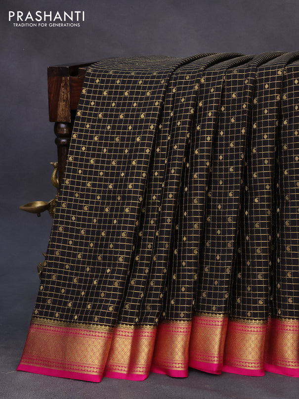 Pure mysore silk saree black and pink with allover small zari checks & buttas and zari woven border