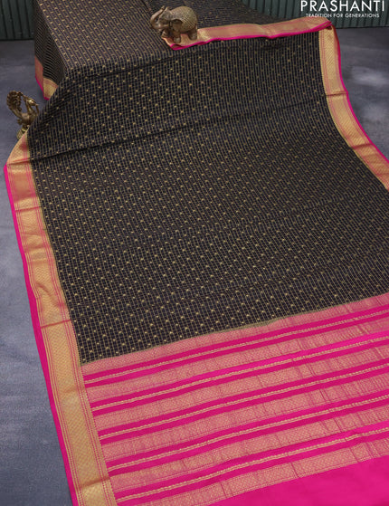 Pure mysore silk saree black and pink with allover small zari checks & buttas and zari woven border