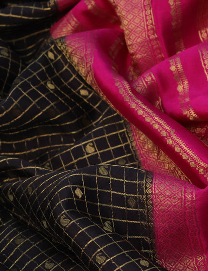 Pure mysore silk saree black and pink with allover small zari checks & buttas and zari woven border