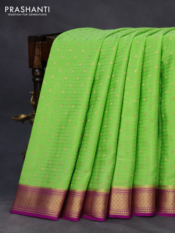 Pure mysore silk saree light green and purple with allover small zari checks & buttas and zari woven border