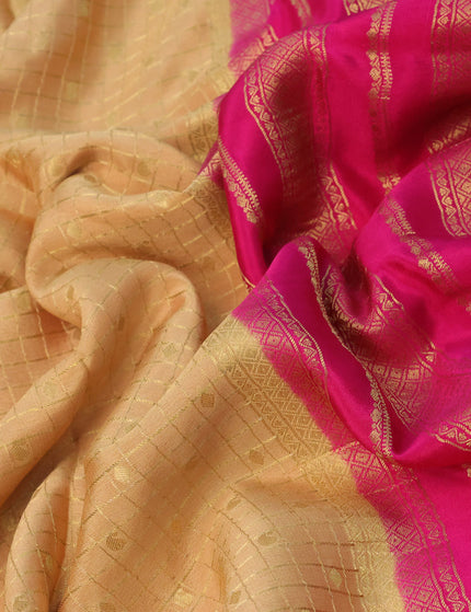 Pure mysore silk saree sandal and pink with allover small zari checks & buttas and zari woven border