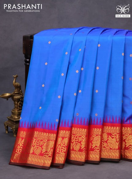 Pure gadwal silk saree blue and red with zari woven buttas and rich zari woven border