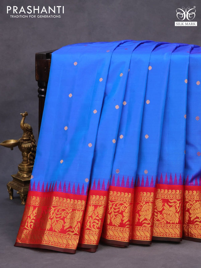 Pure gadwal silk saree blue and red with zari woven buttas and rich zari woven border