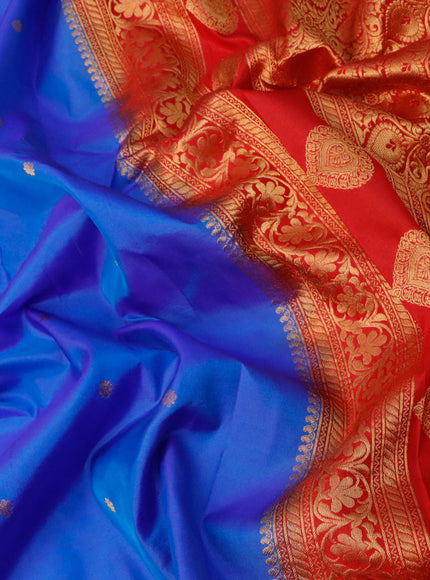 Pure gadwal silk saree blue and red with zari woven buttas and rich zari woven border