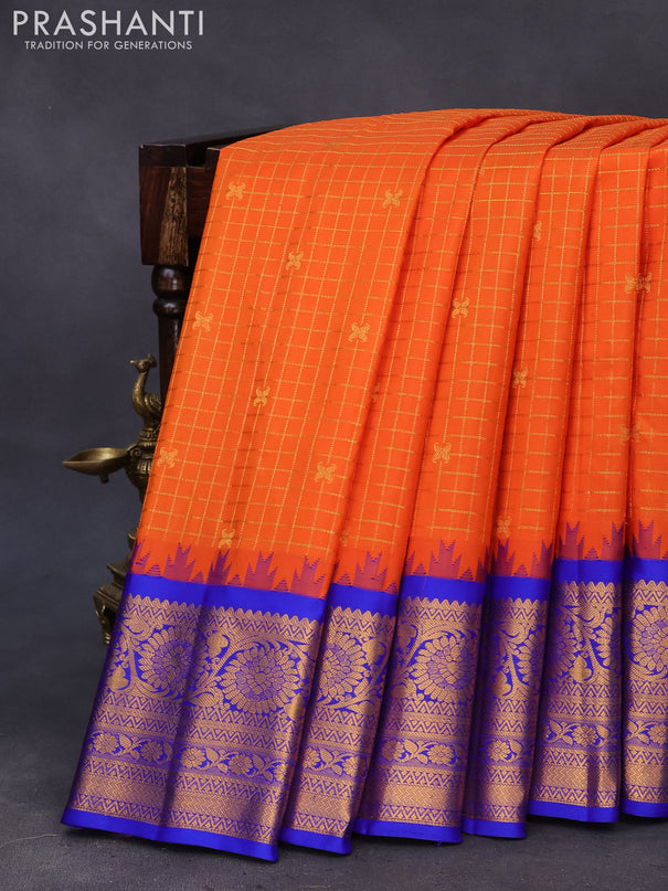 Pure gadwal silk saree orange and blue with allover zari woven checked pattern and temple design zari woven border