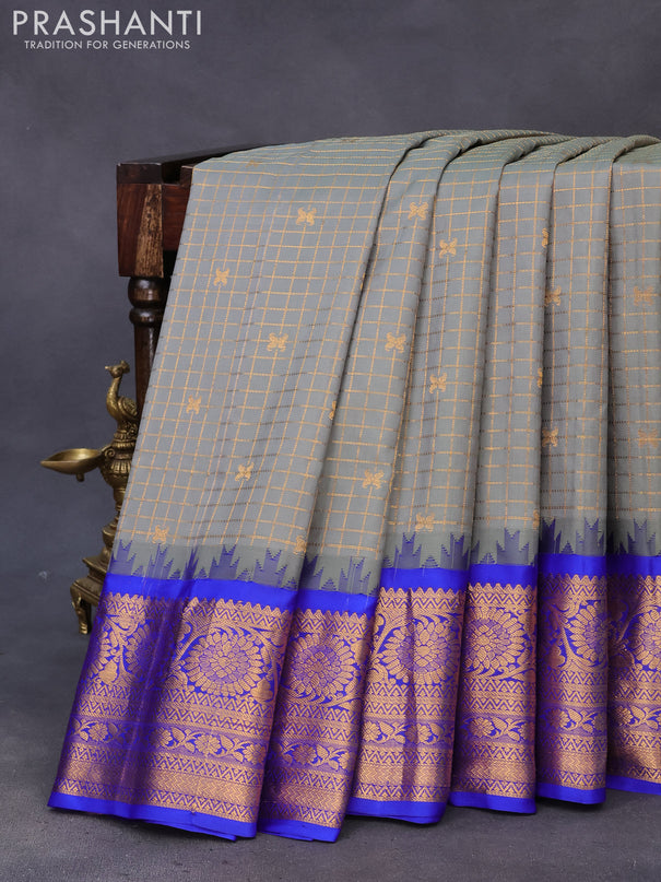 Pure gadwal silk saree grey and blue with allover zari checked pattern & zari buttas and temple design zari woven border