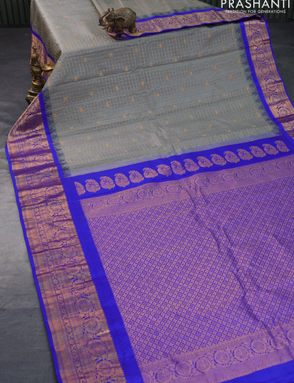 Pure gadwal silk saree grey and blue with allover zari checked pattern & zari buttas and temple design zari woven border