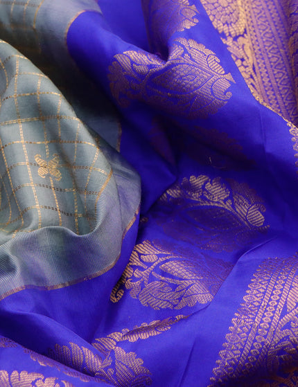 Pure gadwal silk saree grey and blue with allover zari checked pattern & zari buttas and temple design zari woven border