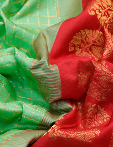 Pure gadwal silk saree pastel green and red with allover zari woven checked pattern and temple design floral zari woven border