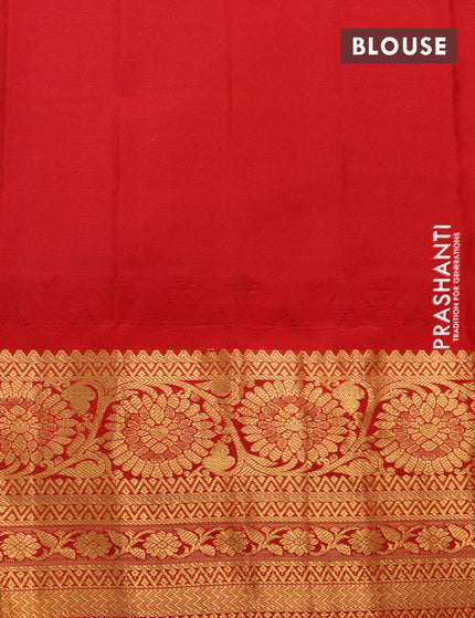 Pure gadwal silk saree pastel green and red with allover zari woven checked pattern and temple design floral zari woven border